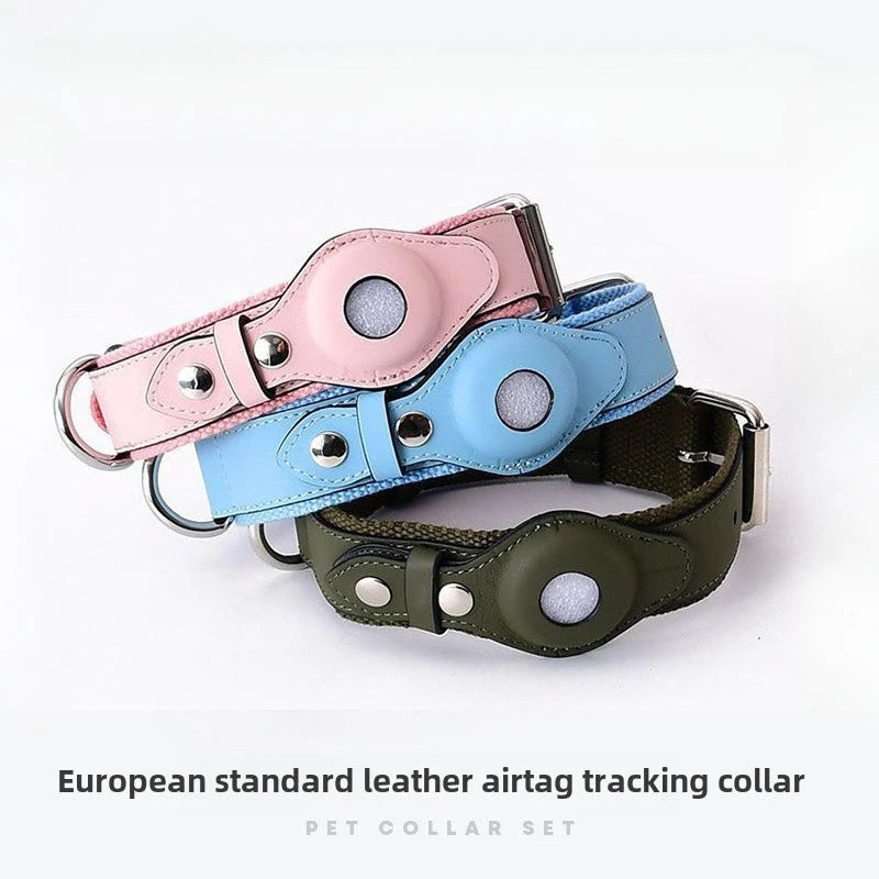 Loudik Wholesale Soft Leather Puppy Collar for Airtag Tracker Pet Collar Dog Leash Medium Large Dog Pet Supplies Accessories
